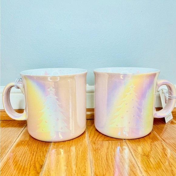 New Pink holographic double sided Christmas tree mug set of 2 - Picture 2 of 5